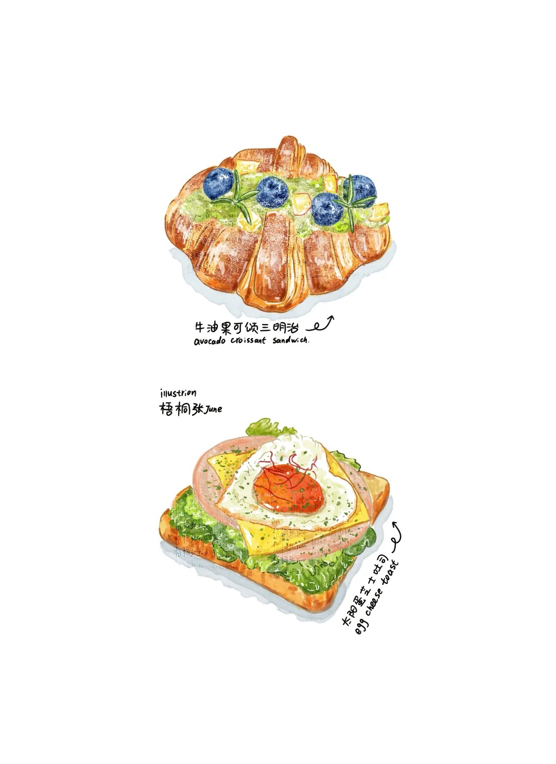 梧桐张：插画日记D29 | 三明治 | 可颂 | 咖啡