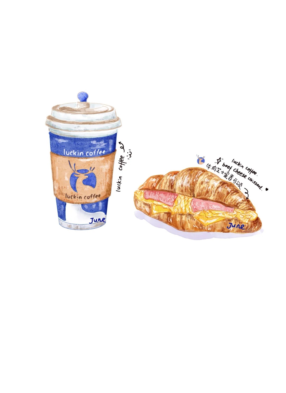 梧桐张：插画日记D34 | 瑞幸咖啡和面包