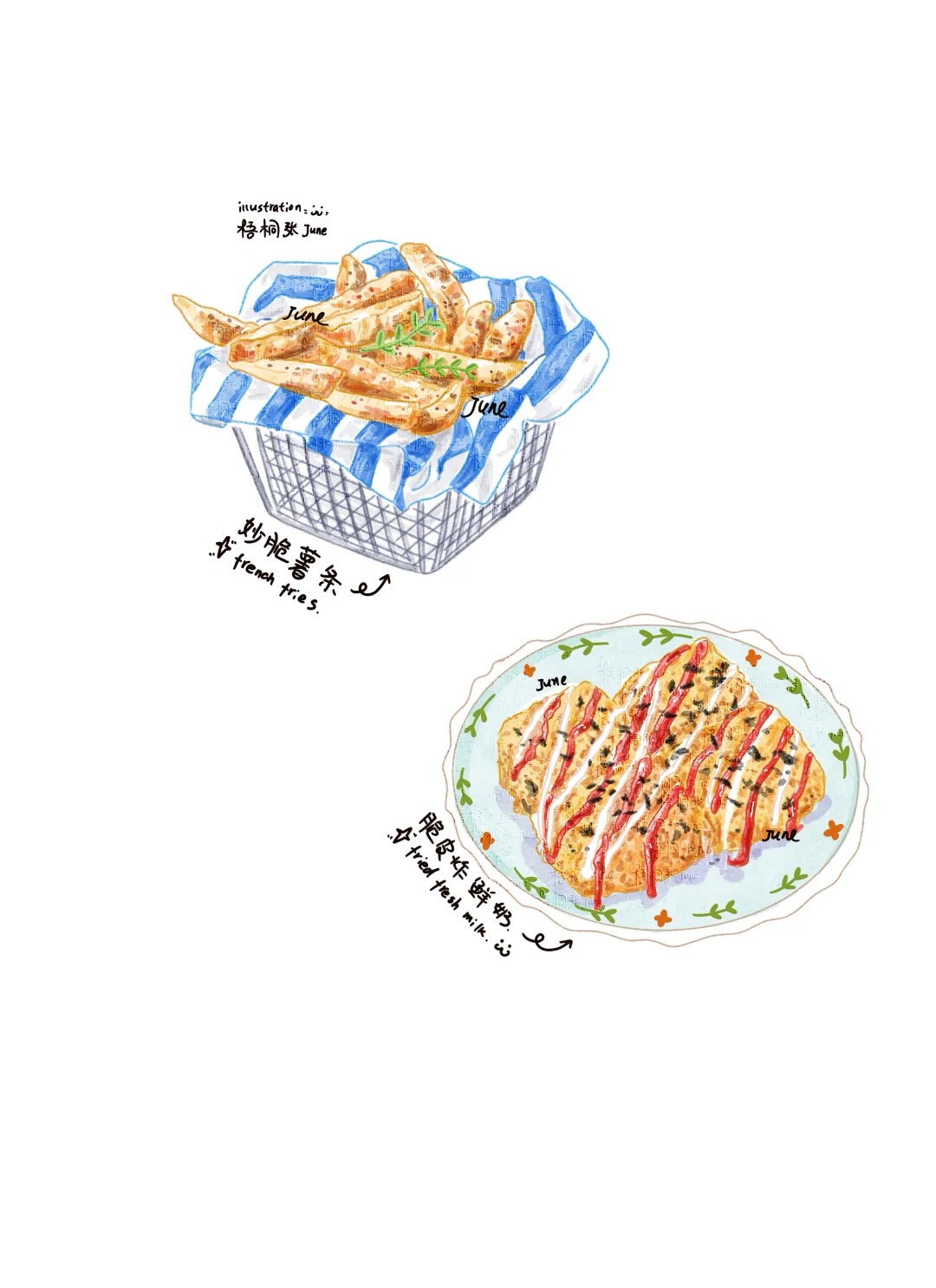 梧桐张：插画日记D35 | 炸鲜奶 | 牛排 | 通心粉
