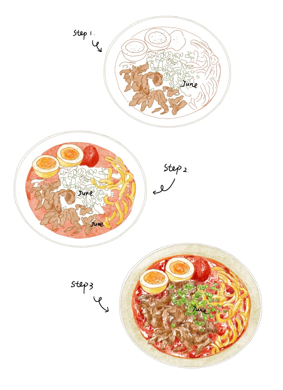梧桐张：插画日记D36 | 番茄牛肉面 | 芋圆西米露