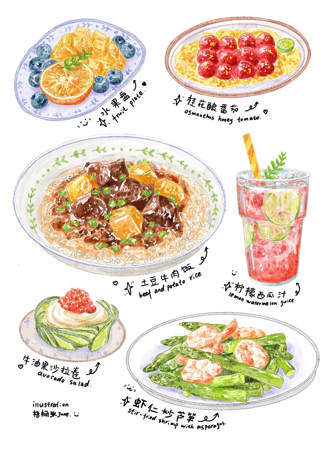 梧桐张：插画日记D38 | 土豆牛肉 | 虾仁芦笋