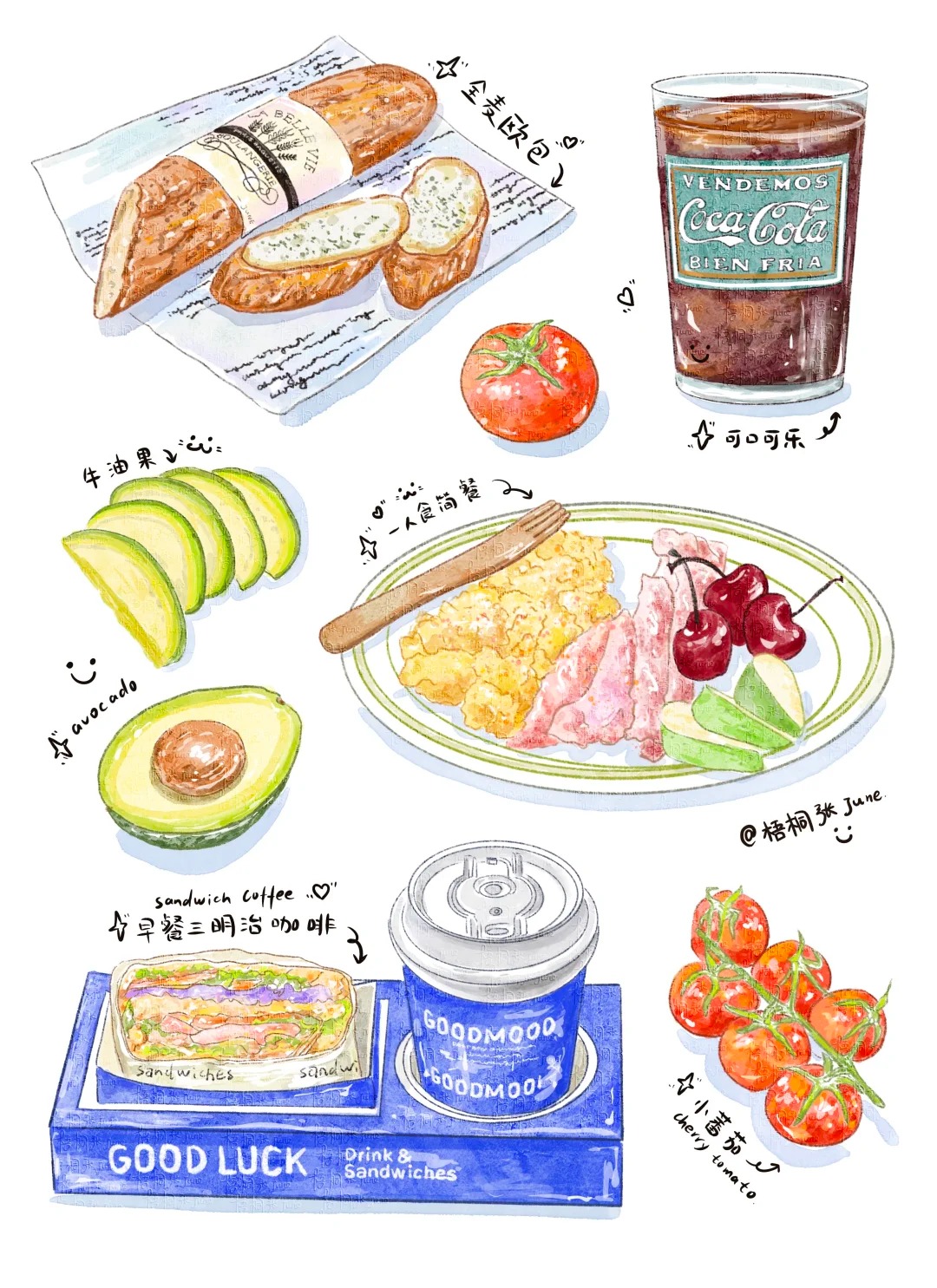梧桐张：插画日记D61 | 三明治咖啡 | 樱桃番茄