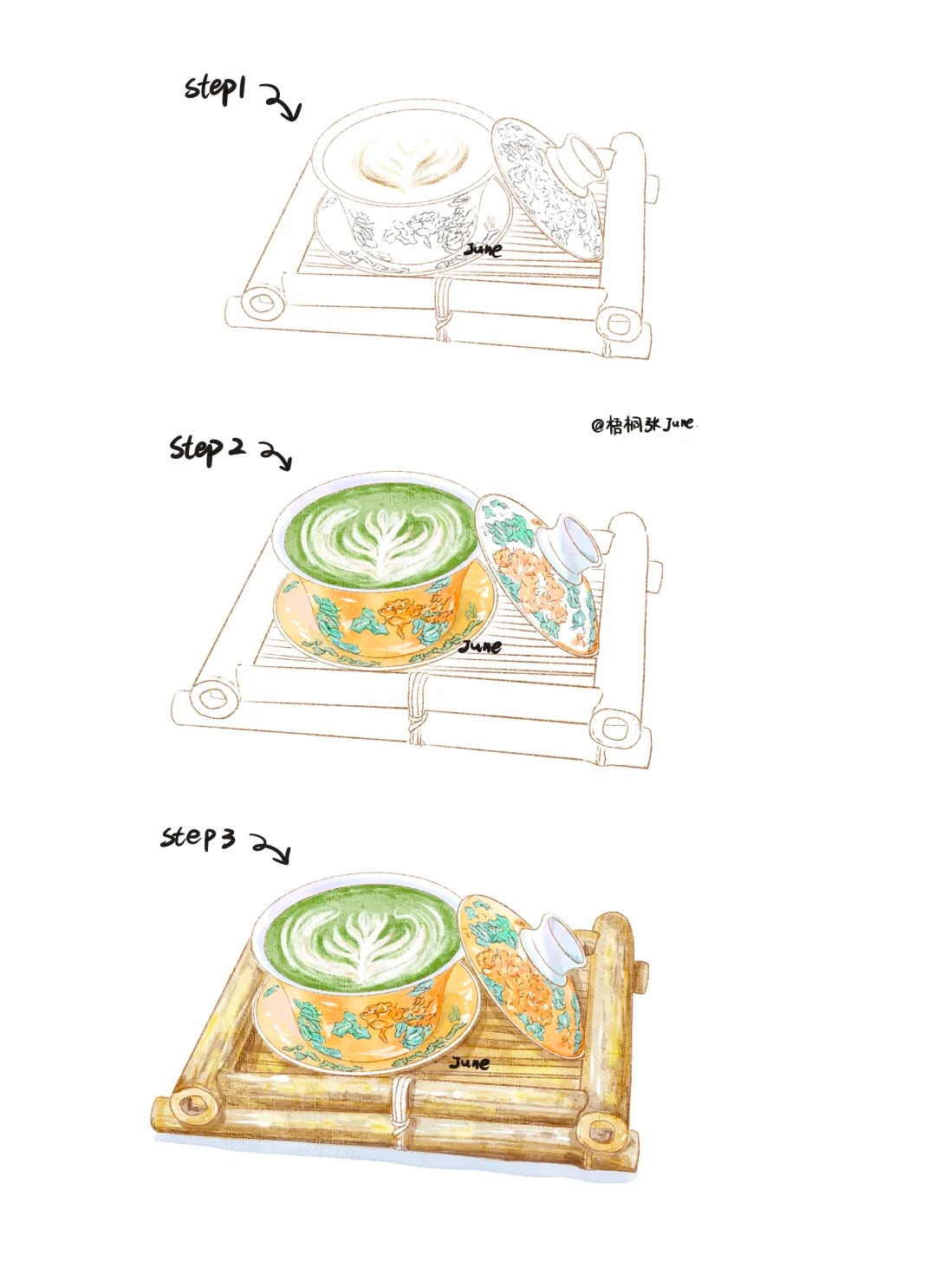 梧桐张：插画日记D62 | 盖碗抹茶拿铁丨蛋黄酥