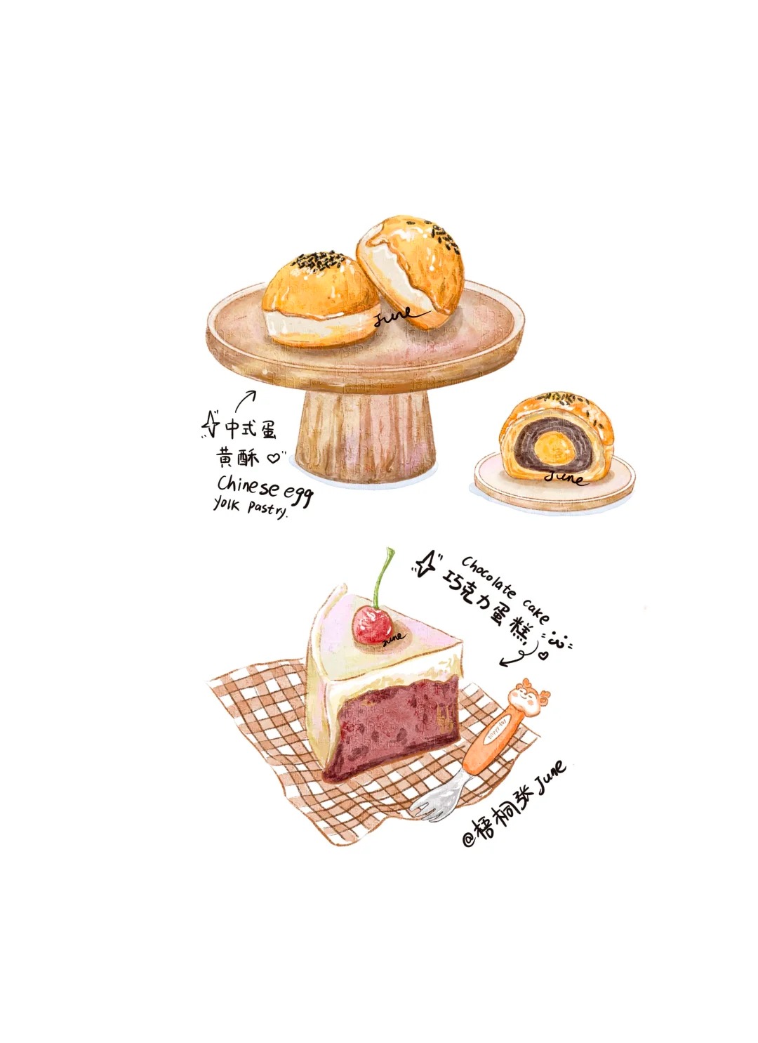 梧桐张：插画日记D62 | 盖碗抹茶拿铁丨蛋黄酥